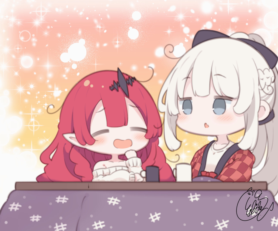 2girls =_= bare_shoulders beni_shake black_bow blush bow braid checkered chibi closed_eyes commentary_request cup fairy_knight_tristan_(fate) fang fate/grand_order fate_(series) grey_eyes hair_bow kotatsu long_sleeves morgan_le_fay_(fate) mug multiple_girls off-shoulder_sweater off_shoulder open_clothes open_mouth parted_lips ponytail red_hair shirt signature sweater table wavy_mouth white_hair white_shirt white_sweater