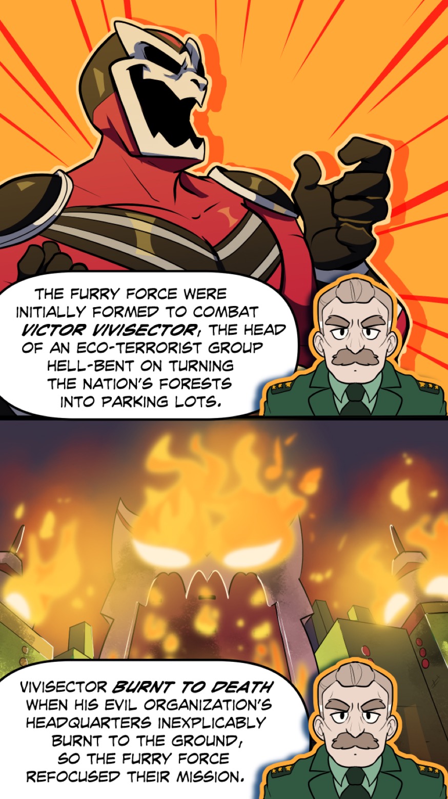 2019 anthro building_fire clothing comic dialogue duo english_text evil_face evil_grin exposition facial_hair fire furry_force hi_res human komoroshi_(artist) lair laugh machine male mammal military military_uniform mustache not_furry robot smile spandex speech_bubble supervillain text tight_clothing uniform victor_vivisector_(furry_force)