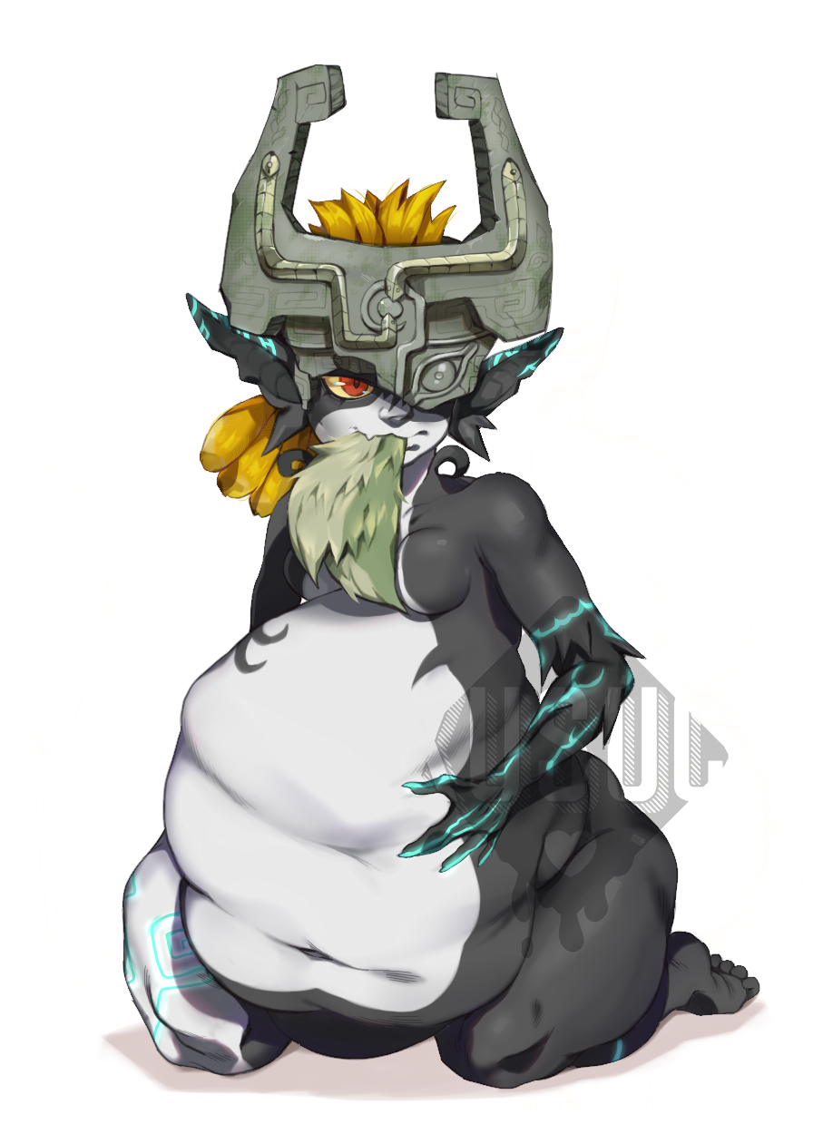 ambiguous_form ambiguous_gender ambiguous_prey belly big_belly black_body blonde_hair blue_body breasts canid canine clothing deep_navel duo english_text fangs featureless_breasts female front_view hair headgear headgear_only headwear headwear_only hi_res humanoid humanoid_pointy_ears hyper hyper_belly imprint kneeling kusuc link_(wolf_form) looking_aside mammal midna mostly_nude navel nintendo not_furry_focus oral_vore overweight overweight_female overweight_humanoid red_eyes same_size_vore simple_background tail_in_mouth text the_legend_of_zelda thick_thighs twilight_princess video_games vore watermark white_body wide_hips yellow_sclera