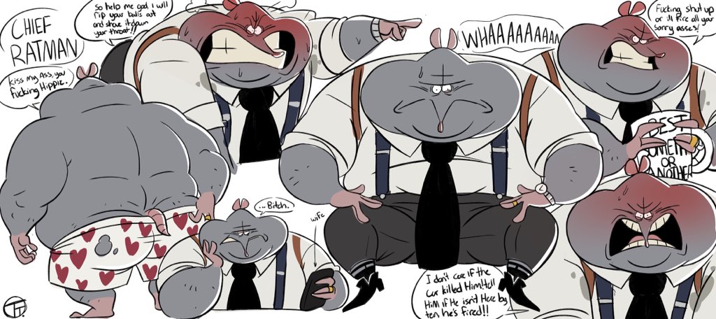 2022 angry anthro bottomwear butt clothing english_text grey_body male mammal murid murine necktie overweight overweight_male pants rat rodent shirt solo suspenders text topwear trashtoonz underwear