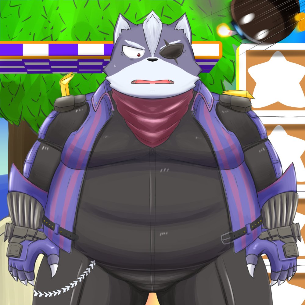 2022 anthro belly biped canid canine clothed clothing eye_patch eyewear fox humanoid_hands kemono male mammal marumu_5656 nintendo obese obese_male overweight overweight_male scar solo star_fox video_games wolf_o'donnell