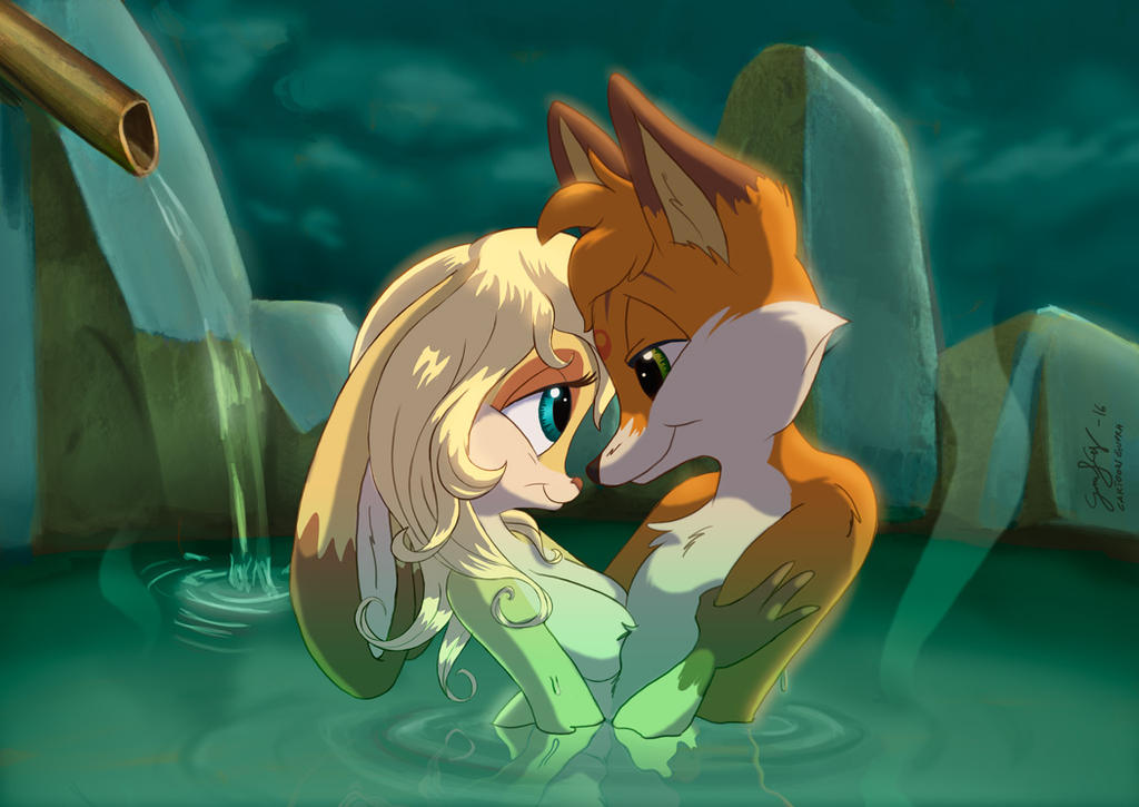 2016 anthro breasts canid canine canis cartoongurra cuddling digital_media_(artwork) duo female fox hot_spring interspecies japan lagomorph leporid love male male/female mammal nude onsen outside predator/prey rabbit romantic romantic_ambiance romantic_couple skinny_dipping water