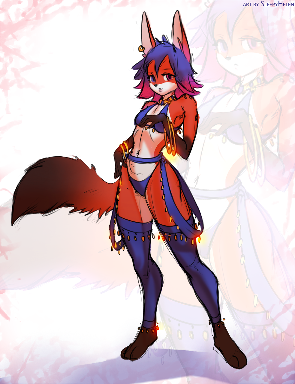 2021 anthro barefoot biped blowup_background blue_hair breasts canid canine ear_piercing ear_ring feet female fox hair heterochromia hi_res mammal navel piercing simple_background sleepyhelen solo standing