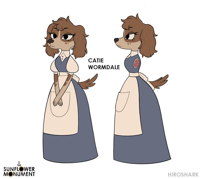 2020 4_fingers apron black_eyes brown_body brown_fur brown_nose canid canine canis catie_wormdale clothing crossed_arms domestic_dog dress female fingers frown fur hiroshark mammal model_sheet pockets solo tan_body tan_fur the_sunflower_monument