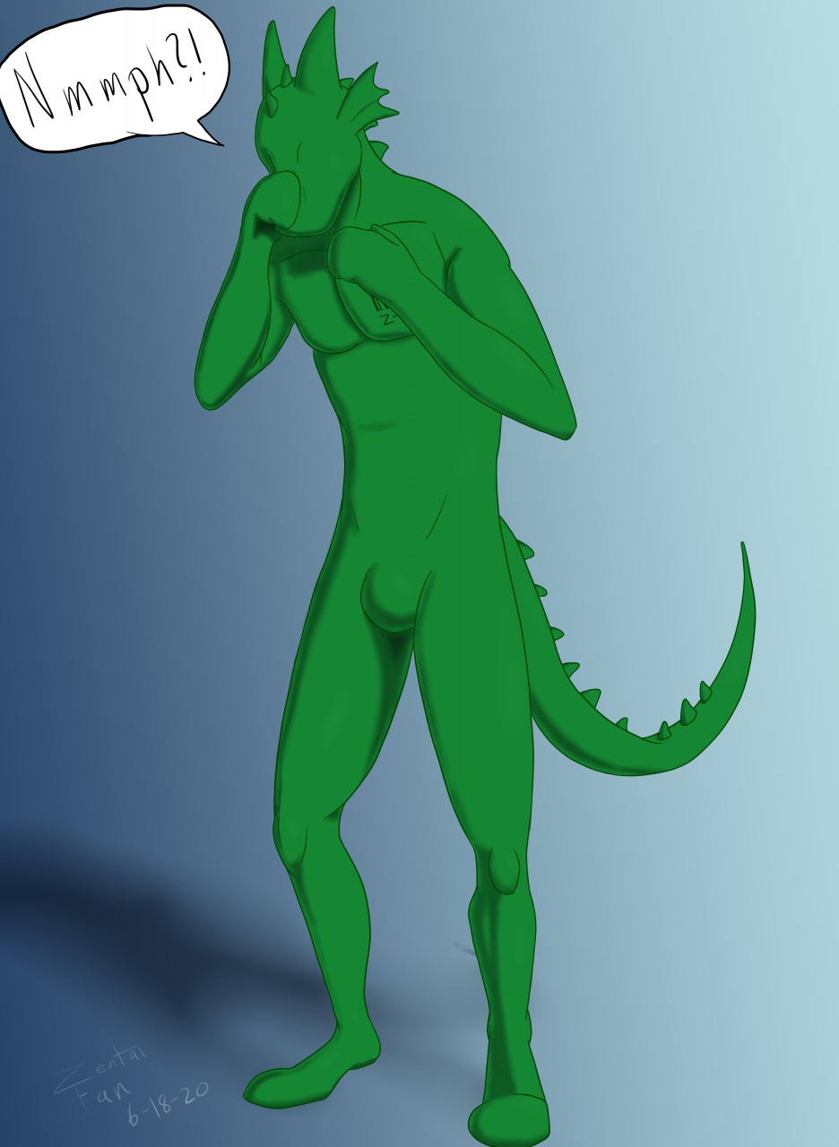 after_transformation anthro barcode bent_arm bent_legs biped blue_background bodysuit branded bulge clothing confusion dragon dragon_tail eyeless featureless_face featureless_feet fin gradient_background green_body handwear head_fin head_horn hi_res holding_head holding_nose holding_snout horn horned_tail male mitten_hands mittens muffled null_bulge pecs scalie shaded shadow signature simple_background skinny skinsuit slim solo solo_focus speech_bubble struggling tight_clothing valkyr1a zentai zooks_(character)