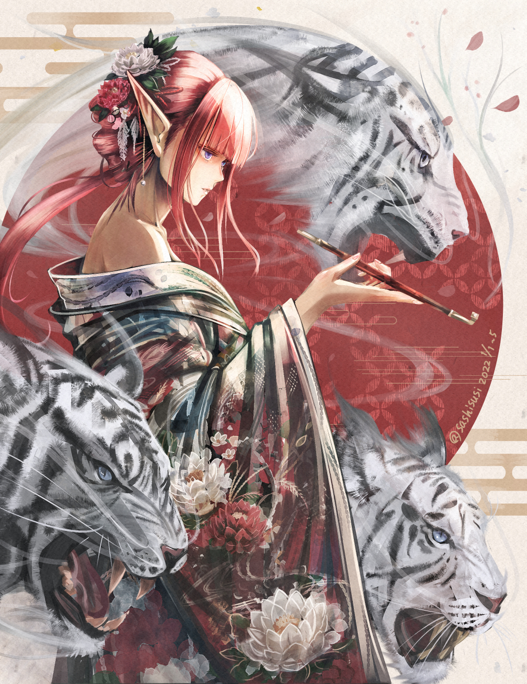 1girl 2022 bangs bare_shoulders chinese_zodiac dated earrings fangs flower from_side hair_ornament highres japanese_clothes jewelry kimono new_year original petals pipe pointy_ears red_hair smoke smoking solo sushi_(sashimise) tiger tiger_stripes twitter_username white_tiger year_of_the_tiger