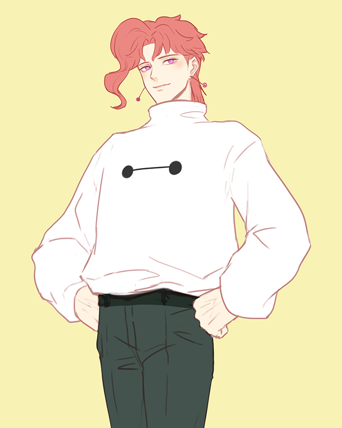 1boy alternate_costume baymax big_hero_6 blush earrings hands_on_hips jewelry jojo_no_kimyou_na_bouken kakyoin_noriaki kankito male_focus purple_eyes red_hair solo stardust_crusaders sweater yellow_background