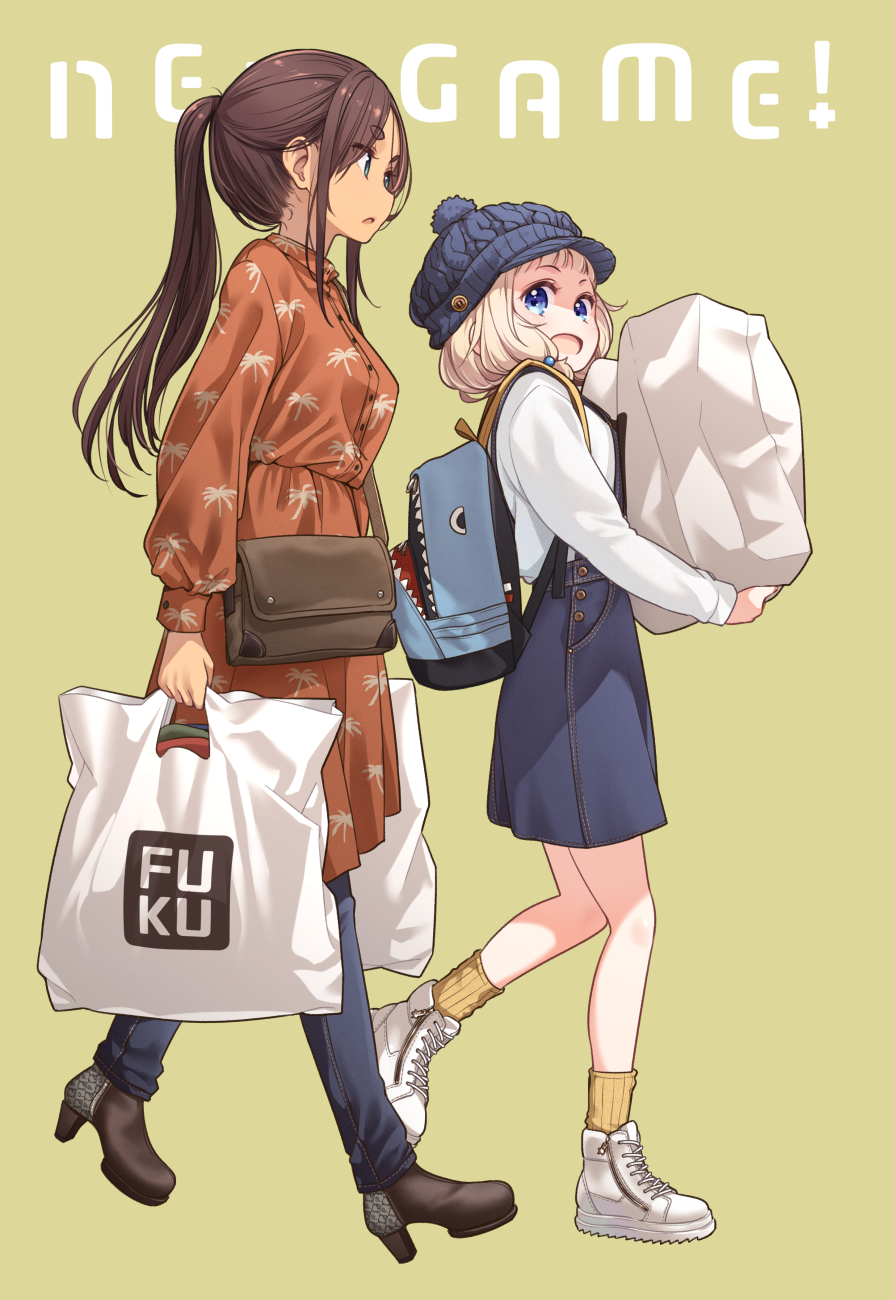 2girls :d :o ahagon_umiko alternate_hairstyle animal_bag aqua_eyes arms_at_sides backpack bag bangs blonde_hair blue_bag blue_eyes blue_headwear blue_overalls blunt_bangs brown_bag brown_footwear brown_hair cabbie_hat cable_knit casual chestnut_mouth copyright_name cross-laced_footwear dark-skinned_female dark_skin denim dress eyebrows_visible_through_hair eyes_visible_through_hair floating_hair from_side full_body hair_behind_ear hair_bobbles hair_ornament hair_up hat high_collar high_heels highres holding holding_bag jeans knit_hat leg_up long_hair long_sleeves looking_away looking_back looking_up multiple_girls new_game! official_art open_mouth orange_dress overall_skirt overalls palm_tree_print pants pants_under_dress parted_lips plastic_bag pleated_dress pocket pom_pom_(clothes) puffy_long_sleeves puffy_sleeves ribbed_legwear sakura_nene shade shark_bag shirt shirt_tucked_in shoes shopping_bag short_bangs short_eyebrows short_hair shoulder_bag sidelocks simple_background sleeve_cuffs smile sneakers socks standing tareme thick_eyebrows tokunou_shoutarou tree_print walking white_footwear white_shirt yellow_background yellow_legwear zipper_pull_tab
