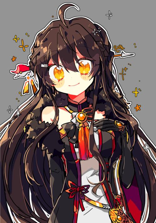 1girl ara_haan black_hair collar dress elsword eo_(dj0513) hair_between_eyes hair_ornament hairclip long_hair solo strapless strapless_dress yama_raja_(elsword) yellow_eyes