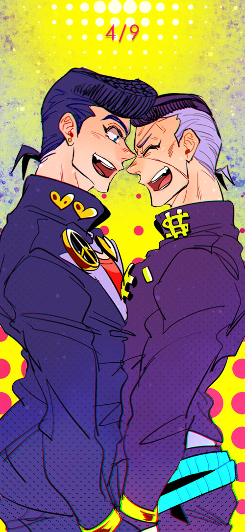 2boys :d anzumame black_hair diamond_wa_kudakenai dollar_sign earrings facial_mark gakuran grey_hair grin heart higashikata_josuke jewelry jojo_no_kimyou_na_bouken male_focus multicolored_hair multiple_boys nijimura_okuyasu peace_symbol pompadour school_uniform smile two-tone_hair yen_sign