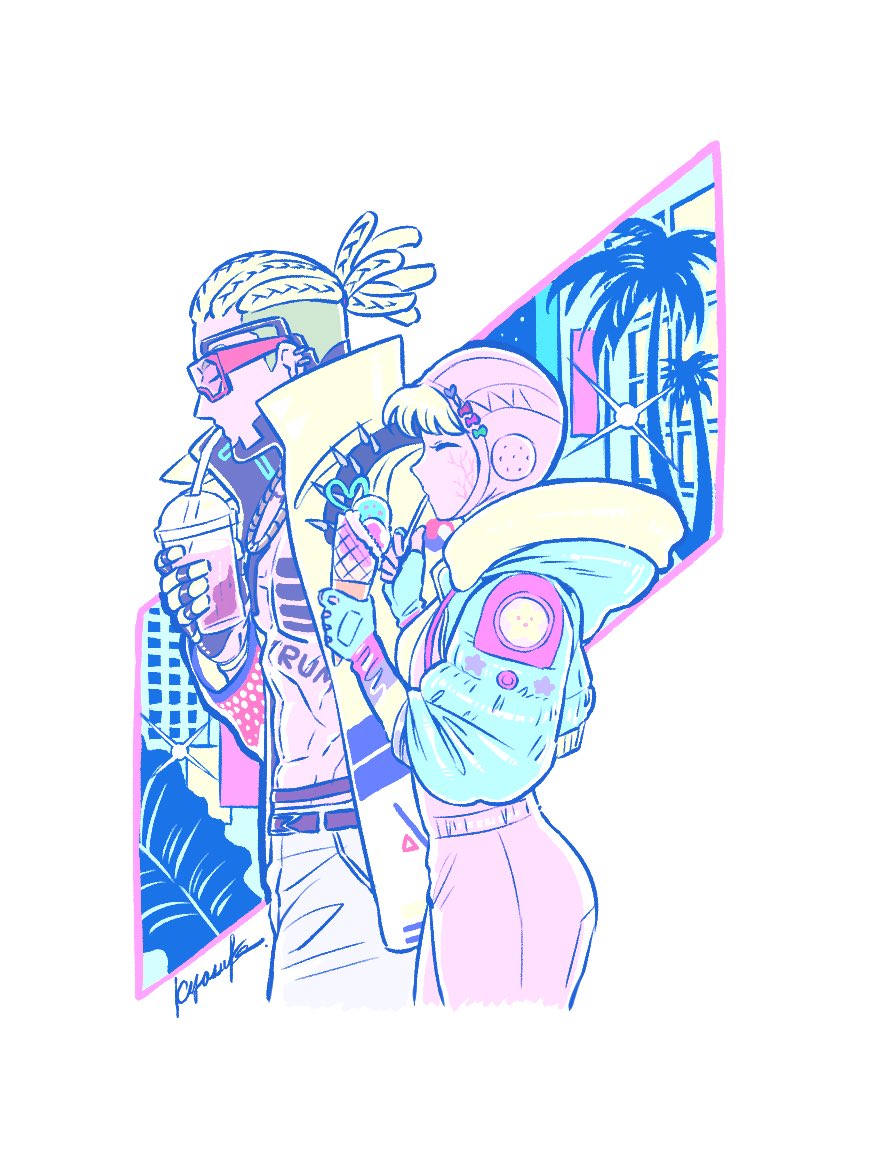 1boy 1girl abs apex_legends bangs bodysuit chest_tattoo cornrows crypto_(apex_legends) cup drinking_straw_in_mouth from_side hanagata_kyousuke holding holding_cup hood hooded_jacket hype_beast_crypto ice_cream_cone jacket kawaii_voltage_wattson official_alternate_costume palm_tree pants pink_bodysuit pink_headwear pink_jacket smile sparkle tattoo tied_hair tree wattson_(apex_legends) white_pants