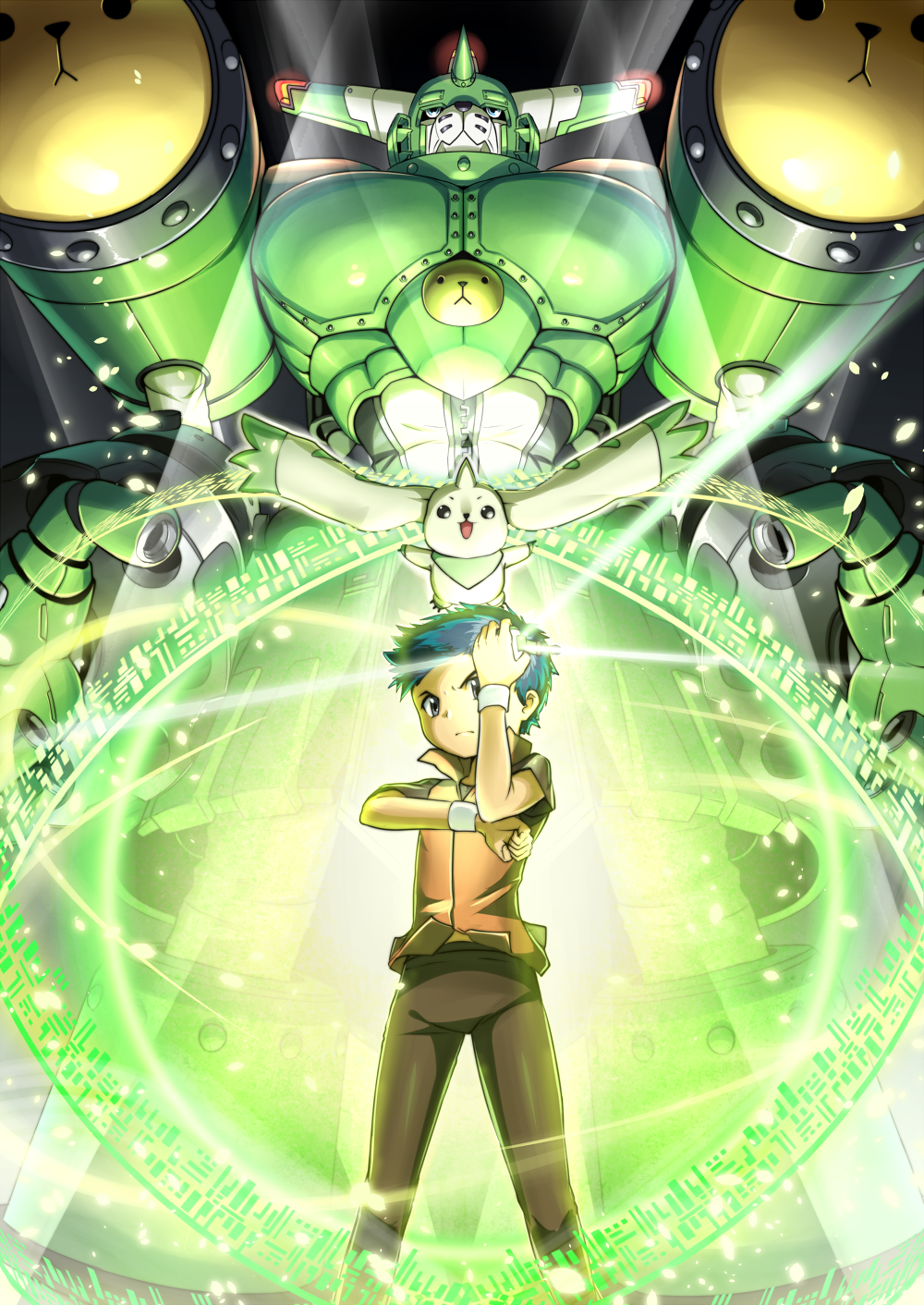 1boy :3 :d arm_up black_pants black_shirt blue_eyes blue_hair closed_mouth commentary_request digimon digimon_(creature) digimon_tamers digivice english_commentary hawe_king highres holding horns li_jianliang looking_at_viewer male_focus mixed-language_commentary on_head orange_vest pants saintgalgomon shirt short_hair short_sleeves single_horn smile standing terriermon vest