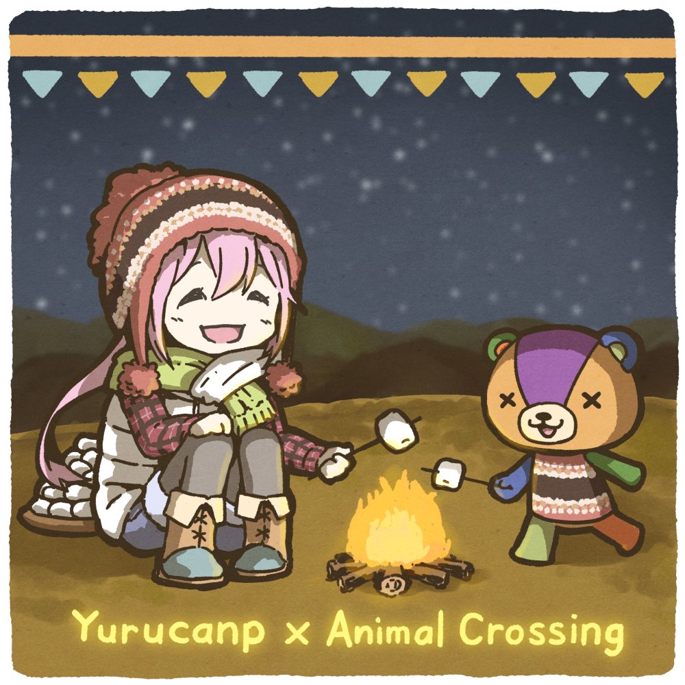 1girl animal_crossing blush boots brown_footwear campfire character_request closed_eyes copyright_name enola_(ebanataw) food kagamihara_nadeshiko long_hair marshmallow night open_mouth outdoors pink_hair sitting smile typo yurucamp