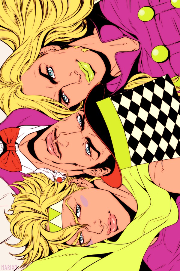 3boys battle_tendency black_hair blonde_hair bow bowtie caesar_anthonio_zeppeli facial_hair family feather_hair_ornament feathers green_lips green_scarf gyro_zeppeli hair_ornament hat headband jojo_no_kimyou_na_bouken lips lipstick long_hair makeup male_focus marion-ville multiple_boys mustache namesake phantom_blood realistic scarf steel_ball_run top_hat triangle_print will_anthonio_zeppeli