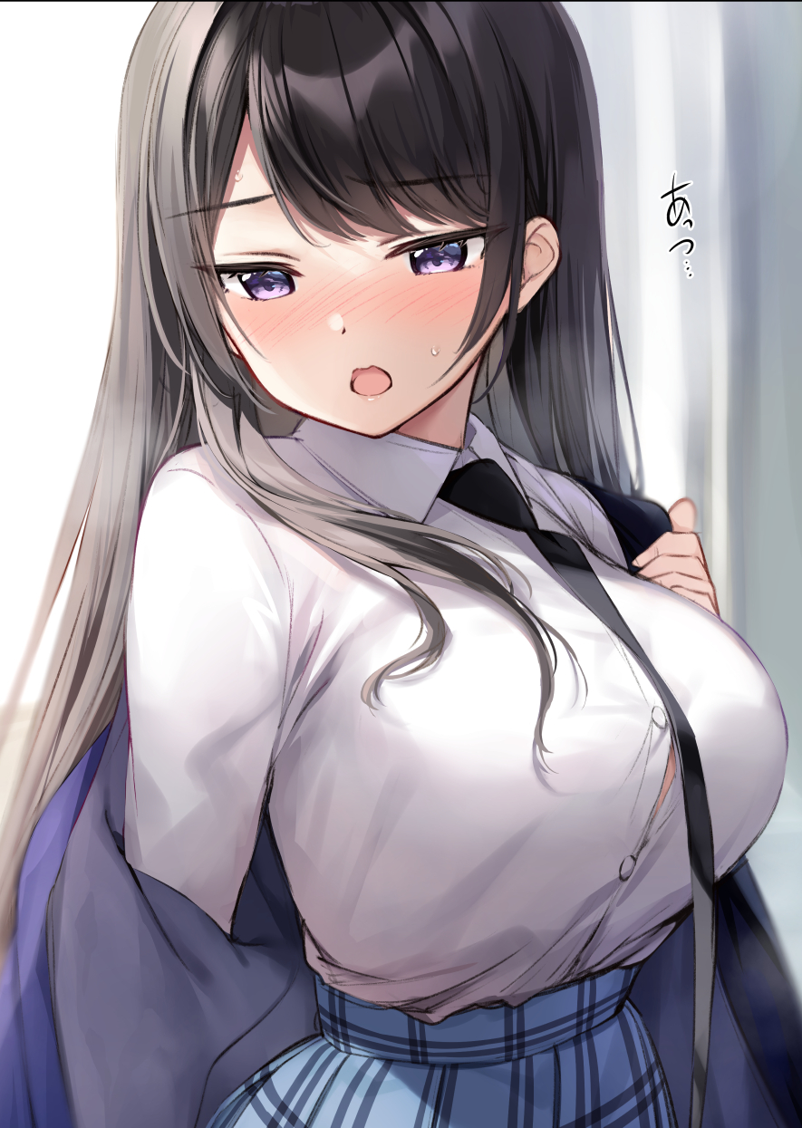 1girl black_hair black_necktie blush breasts buttons eyebrows_visible_through_hair highres holding holding_clothes jacket jacket_removed large_breasts long_hair long_sleeves necktie open_mouth original oryou purple_eyes school_uniform solo upper_body