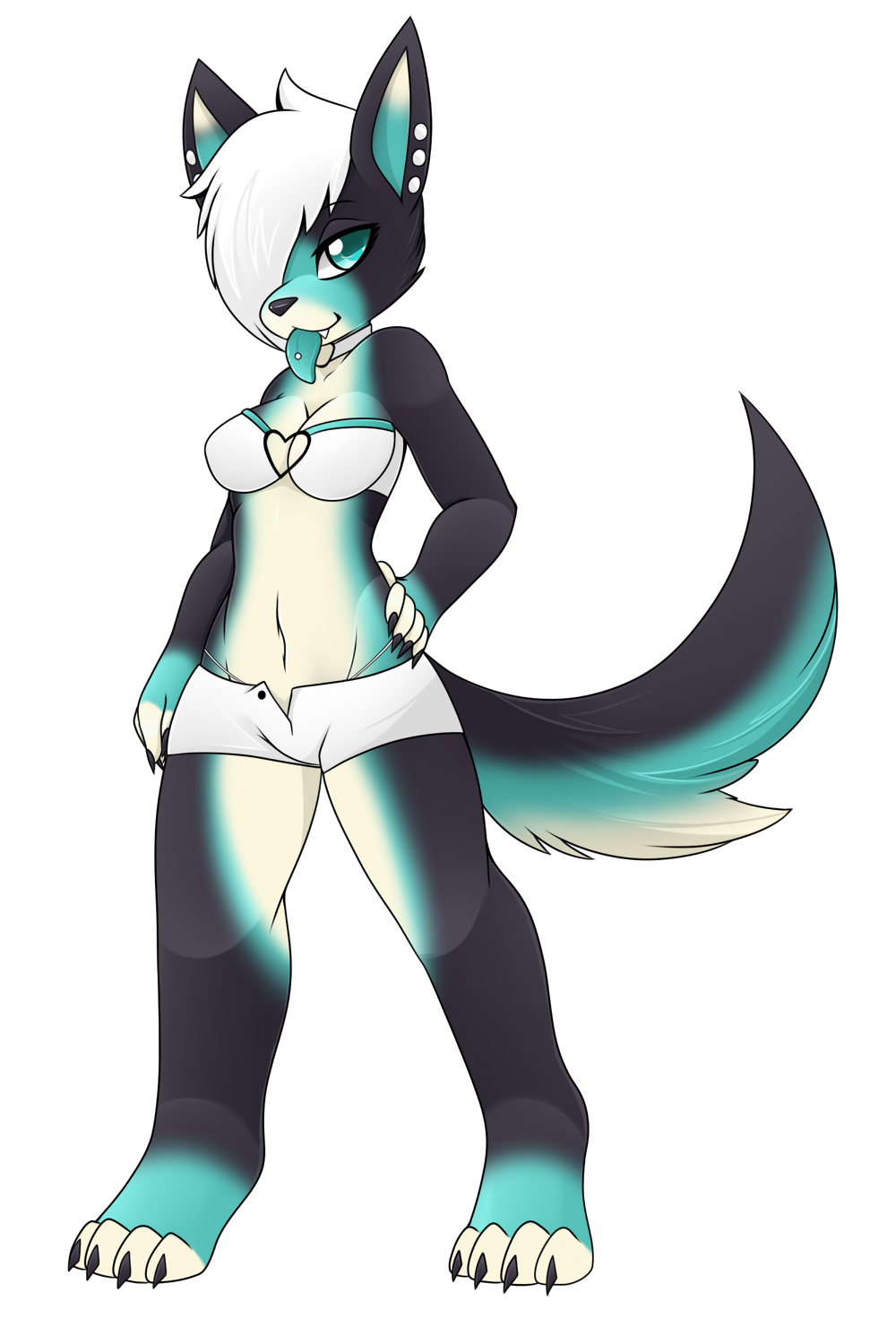 &lt;3 2017 2:3 alpha_channel anthro black_body black_fur blue_body blue_eyes blue_fur bottomwear breasts canid canine choker claws cleavage clothed clothing deerrobin ear_piercing fangs female fennec fluffy fluffy_tail fox fur gradient_fur hair hand_on_hip hi_res hotpants jewelry mammal mitsuki_akagawa multicolored_body multicolored_fur navel necklace paws piercing shorts simple_background skimpy solo tan_body tan_fur tongue tongue_out tongue_piercing topwear transparent_background unbuttoned unbuttoned_shorts underwear white_hair