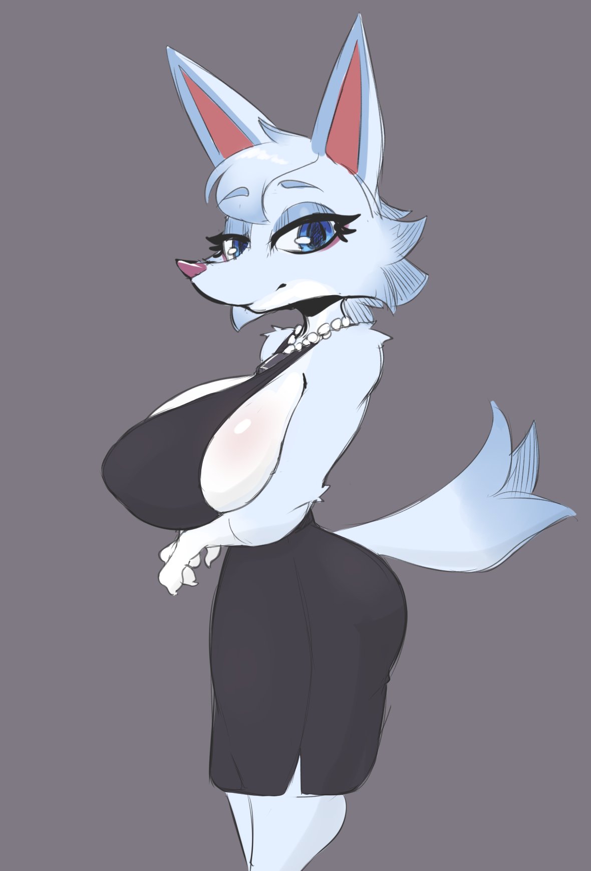 2022 animal_crossing anthro big_breasts breasts canid canine canis clothing cooliehigh dress female grey_background hi_res huge_breasts jewelry mammal necklace nintendo simple_background solo video_games whitney_(animal_crossing) wolf