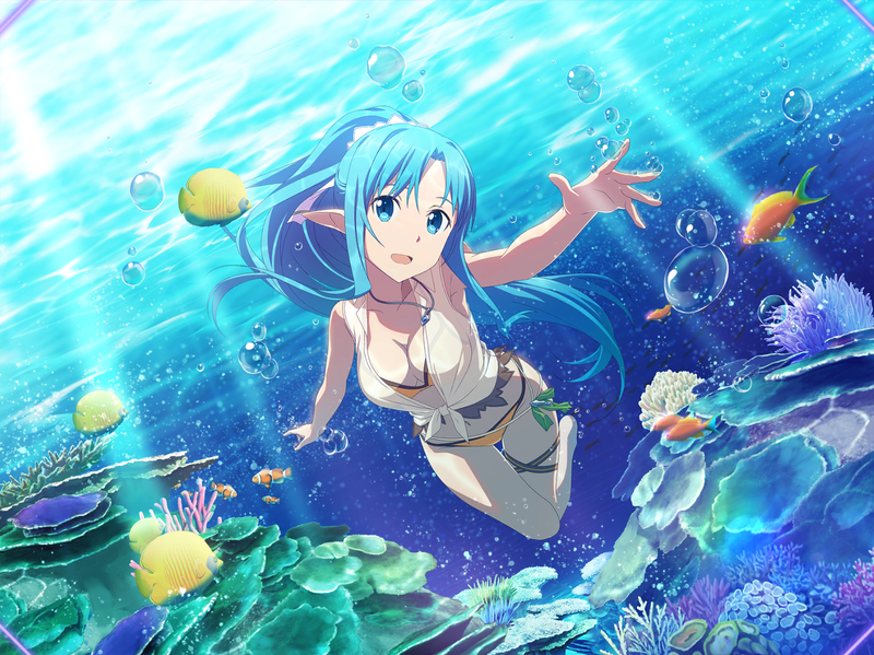 1girl :d asuna_(sao-alo) bangs bare_arms bare_legs bikini blue_eyes blue_hair breasts bubble cleavage collarbone fish floating_hair full_body game_cg hair_between_eyes jewelry long_hair looking_at_viewer medium_breasts navel necklace orange_bikini pointy_ears ponytail ribbon shiny shiny_hair shirt smile solo sunlight swimming swimsuit sword_art_online sword_art_online:_alicization_rising_steel thigh_gap thigh_ribbon tied_shirt underwater very_long_hair