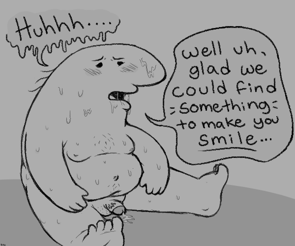 anthro balls blush bodily_fluids charlie_(smiling_friends) cum dialogue genital_fluids genitals greyscale hair humanoid male monochrome nipples nude open_mouth overweight overweight_male penis simple_background sitting smiling_friends solo sweat syotako23