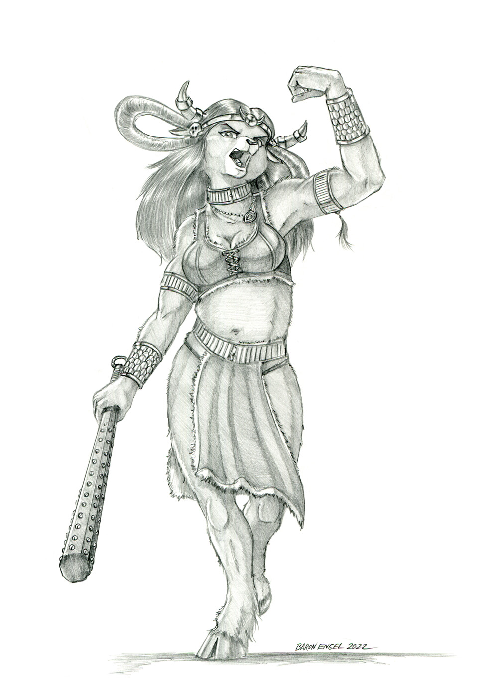 2022 anthro barbarian baron_engel bottomwear bovid bovine breasts circlet clothing cloven_hooves eyebrows female flexing friendship_is_magic fur graphite_(artwork) hair hi_res hooves horn horn_jewelry horn_ring kanabō loincloth long_hair looking_at_viewer mammal midriff muscular muscular_anthro muscular_female my_little_pony open_mouth pencil_(artwork) ring_(jewelry) solo topwear traditional_media_(artwork) yak yona_yak_(mlp)