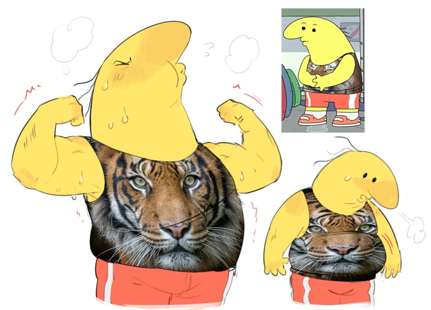 bodily_fluids charlie_(smiling_friends) clothed clothing eyes_closed felid fist hair humanoid male mammal motion_lines overweight overweight_male pantherine shirt solo steam straining sweat sweatdrop tank_top tiger topwear vilya yellow_body