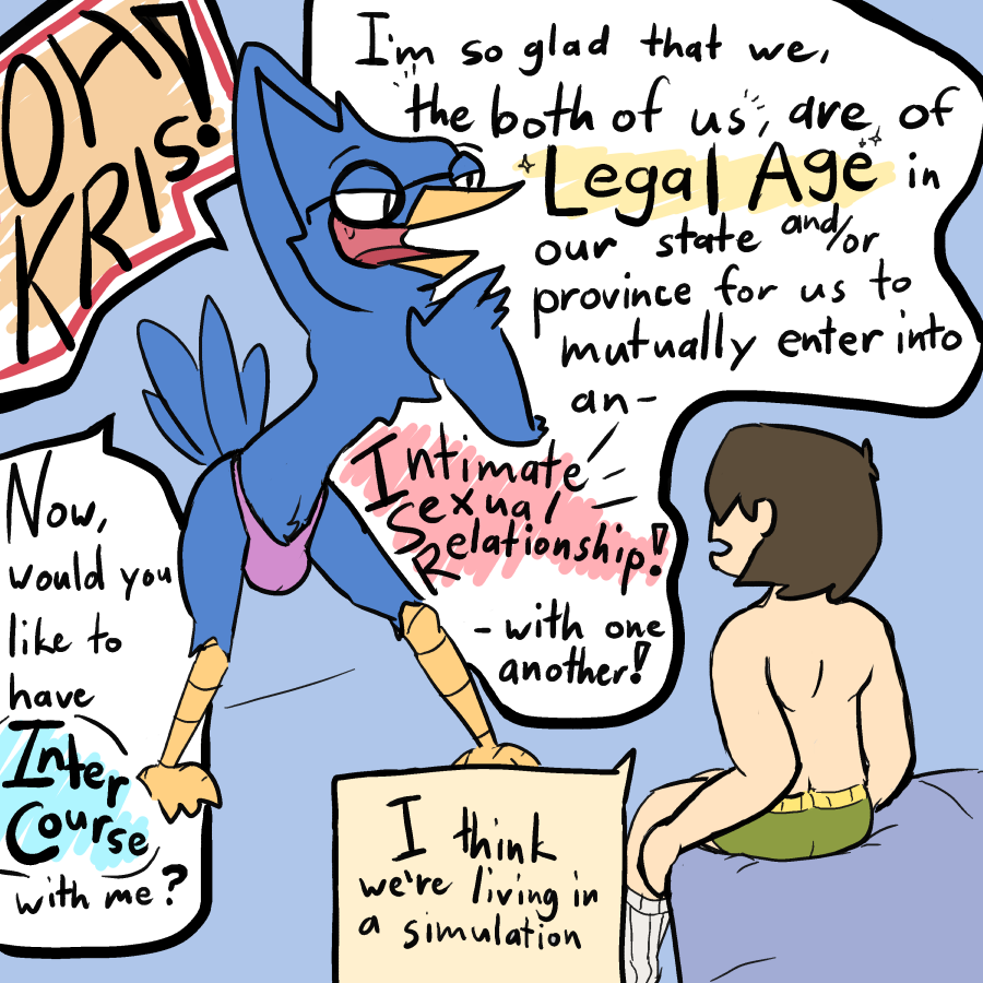 anthro avian beak berdly bird blue_body blue_feathers boxers_(clothing) brown_hair bulge cellcone clothing deltarune duo english_text eyewear feathers glasses hair human humor imminent_sex kris_(deltarune) male male/male mammal text thong undertale_(series) underwear video_games
