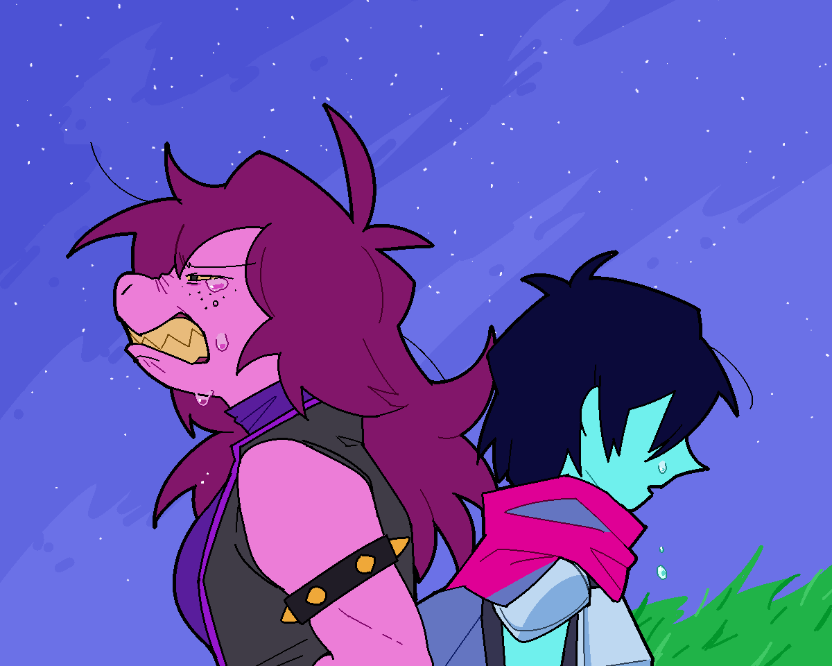2021 anthro armband bodily_fluids clothed clothing crying deltarune dinosaur duo female hair human humor jones-wibu kris_(deltarune) kris_where_are_we long_hair male mammal meme obscured_eyes parody purple_body purple_hair reptile scalie sky spiked_armband spikes susie_(deltarune) tears undertale_(series) video_games