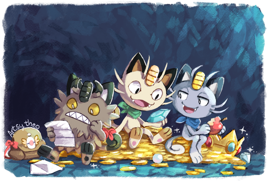 alolan_meowth apple arm_scarf artsy-theo blue_scarf cave diamond_(gemstone) fangs food fruit fushigi_no_dungeon galarian_meowth gem gold gold_coin green_scarf letter meowth open_mouth pearl_(gemstone) pokemon pokemon_(creature) pokemon_(game) pokemon_mystery_dungeon reading red_scarf scarf sitting tail