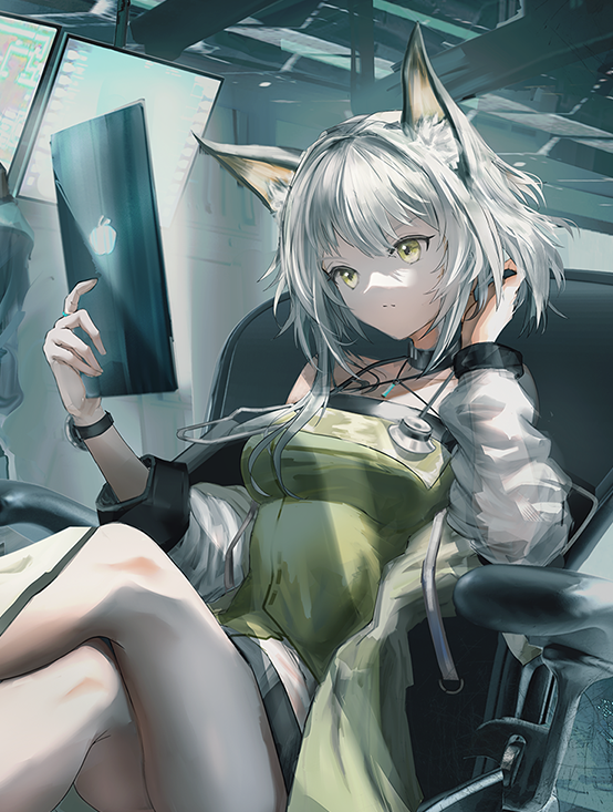 1girl animal_ear_fluff animal_ears arknights breasts cat_ears chair closed_mouth commentary_request crossed_legs dress green_dress green_eyes hand_in_hair holding holding_tablet_pc indoors kal'tsit_(arknights) long_hair long_sleeves medium_breasts official_art sample short_dress silver_hair sitting solo stethoscope swav tablet_pc watch wristwatch