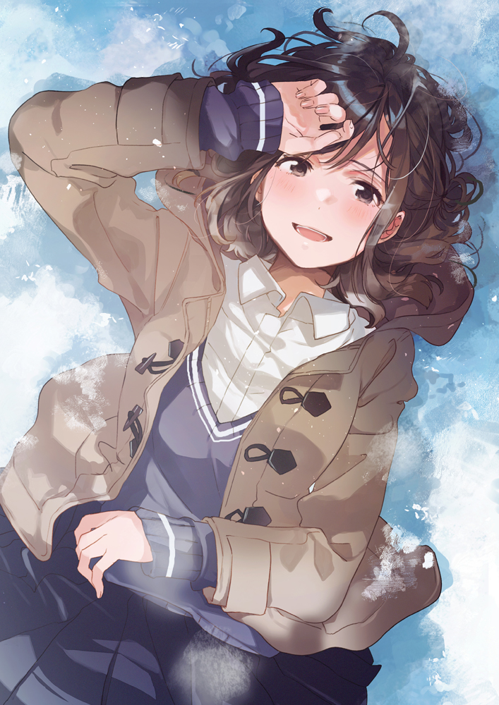 1girl :d arm_up bangs blue_skirt blue_sweater blurry blush brown_coat brown_eyes brown_hair coat collared_shirt depth_of_field dot_nose duffel_coat dutch_angle fly_(marguerite) hair_spread_out hand_on_forehead hand_up layered_clothing layered_sleeves long_sleeves looking_at_viewer lying on_back on_ground open_clothes open_coat open_mouth original outdoors pleated_skirt shiny shiny_hair shirt short_hair skirt sleeves_past_wrists smile snowing solo sweater swept_bangs upper_body white_shirt wing_collar winter winter_clothes