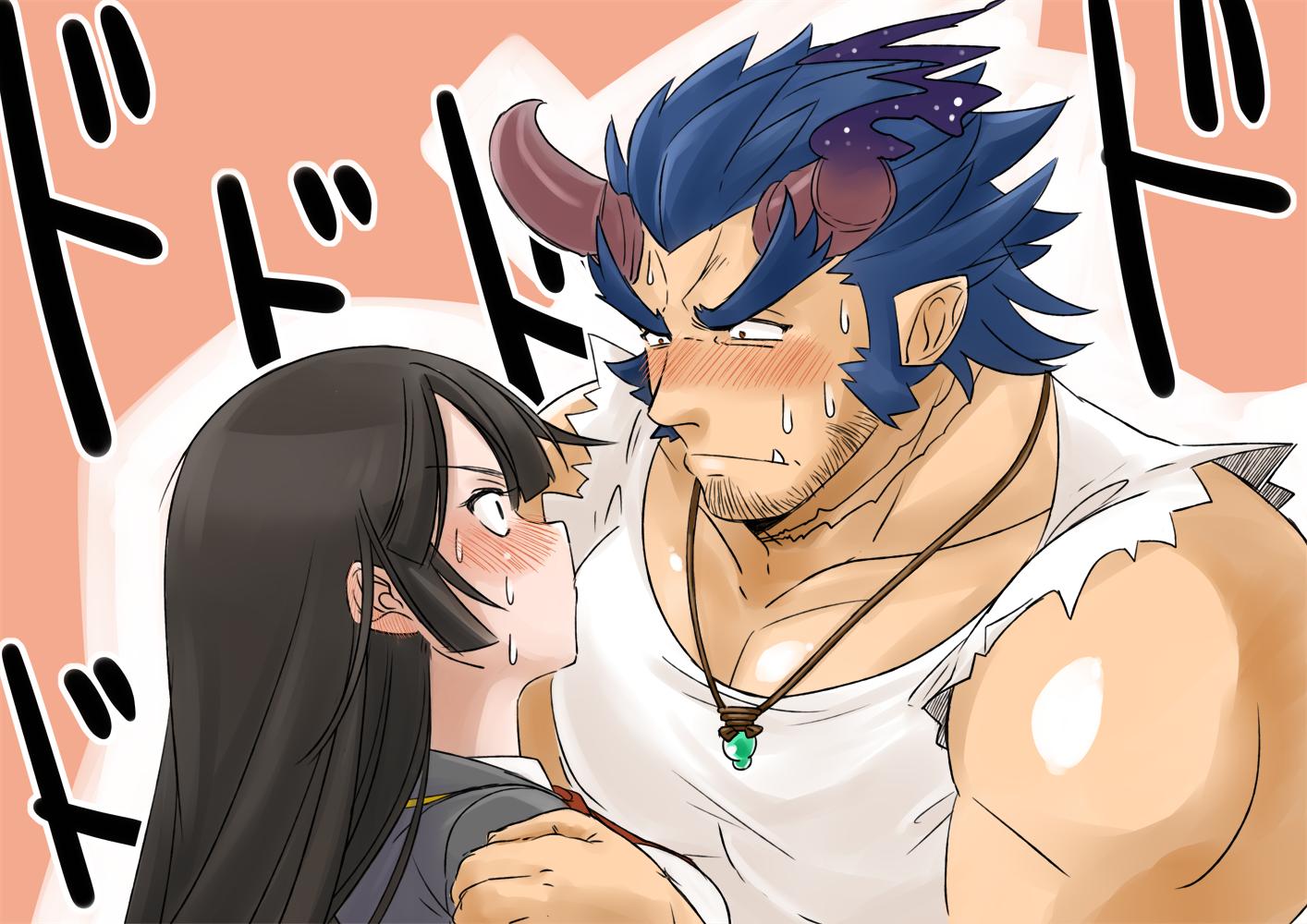 1boy 1girl bara bare_arms broken_horn demon_boy demon_horns facial_hair fiery_horns from_side hand_on_another's_shoulder hetero horns imminent_kiss large_pectorals long_sideburns male_focus master_2_(housamo) mature_male muscular muscular_male pectoral_cleavage pectorals shirt short_hair sideburns stubble sweatdrop takemaru_(housamo) thick_eyebrows tokyo_afterschool_summoners torn_clothes torn_shirt translation_request tusks uden_(udeden_odon) upper_body