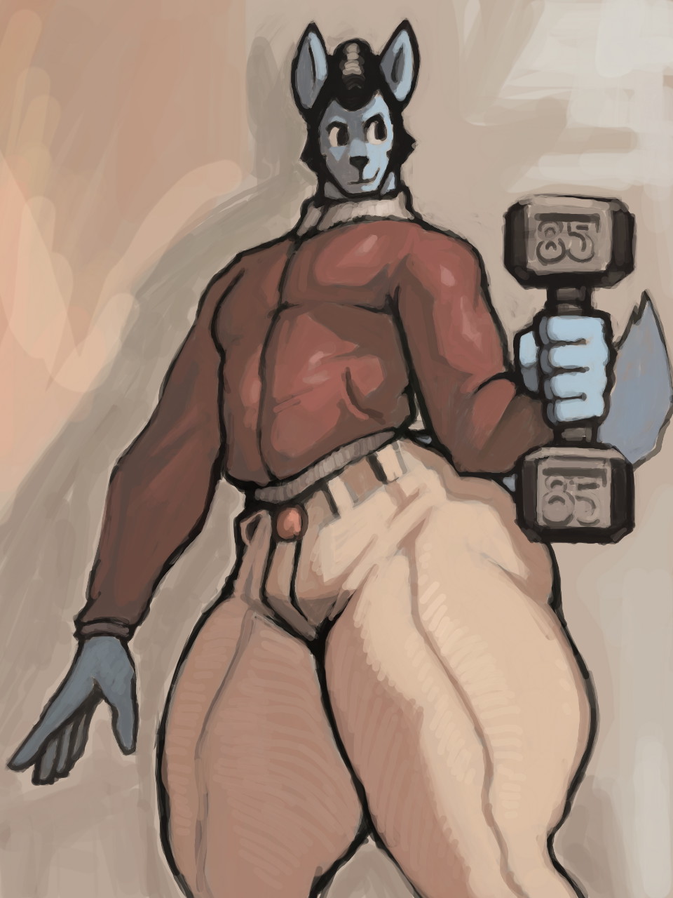 2021 4:3 anthro blue_body blue_fur brown_clothing brown_jacket brown_topwear canid canine canis clothed clothing digital_drawing_(artwork) digital_media_(artwork) dumbbell facial_hair fur hi_res j_(oc) jackal jacket jojobiz looking_away male mammal muscular muscular_male pompadour pose shaded sideburns simple_background simple_shading solo thick_thighs thighs topwear weights