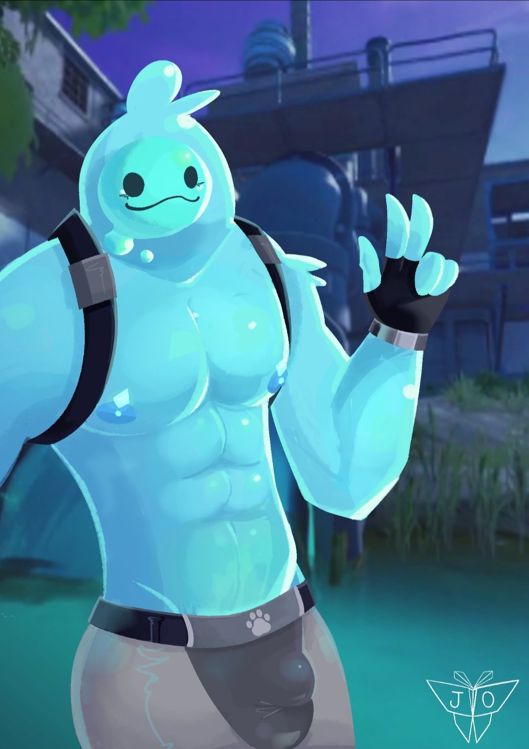 2021 5_fingers abs black_eyes blue_body blue_nipples bulge clothed clothing epic_games fingerless_gloves fingers fortnite glistening glistening_body gloves goo_creature goo_humanoid handwear hi_res humanoid jagaimo_oregami male nipples not_furry pecs rippley signature smile solo standing topless video_games
