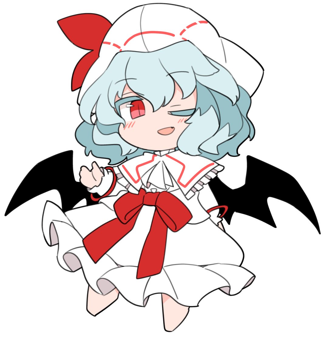 1girl ;d bangs bat_wings capelet chibi curiosities_of_lotus_asia dress eyebrows_visible_through_hair fang full_body hat hat_ribbon ini_(inunabe00) light_blue_hair long_sleeves looking_at_viewer one_eye_closed open_mouth red_eyes red_ribbon remilia_scarlet ribbon short_hair simple_background smile solo touhou white_background white_capelet white_dress white_headwear wings