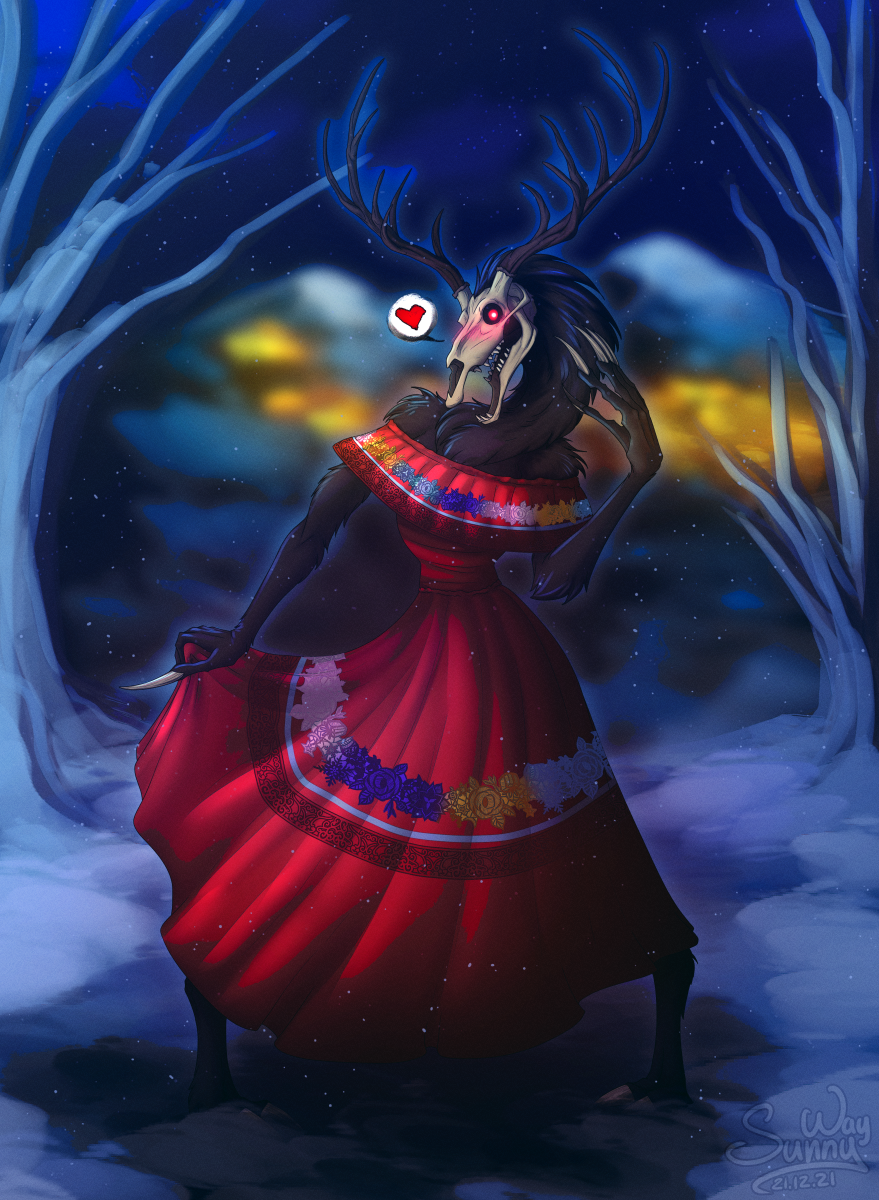 &lt;3 american_mythology anthro blush bone christmas clothed clothing cute_expression demon digital_drawing_(artwork) digital_media_(artwork) dress female forest gift happy hi_res holidays indigenous_north_american_mythology love mountain mythology new_year north_american_mythology patreon patreon_artist patreon_link plant reward skull skull_head smile snow solo solo_focus sunny_way text town tree url wendigo winter