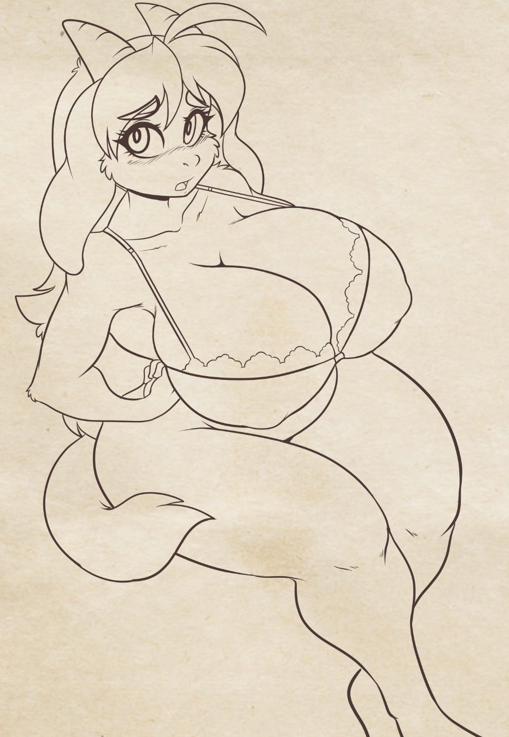 2021 anthro big_breasts big_ears bottomless bovid bra breasts caprine cleavage clothed clothing digital_media_(artwork) eyebrows female goat greyscale hair hi_res horn long_hair looking_at_viewer mammal monochrome nipple_outline overweight overweight_female sitting sketch skidd solo tessa_(skidd) underwear