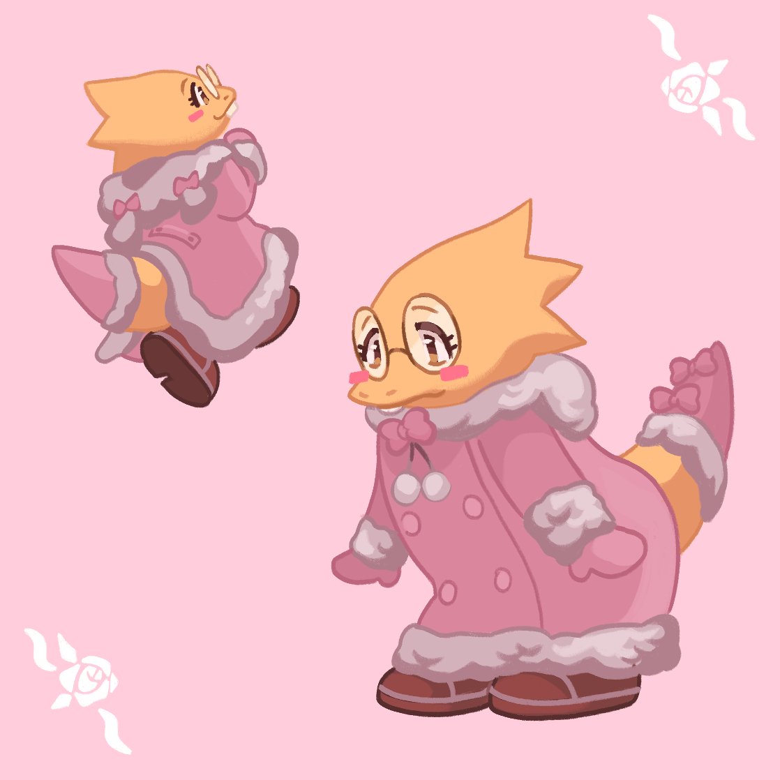 alphys anthro blush blush_stickers bow_tie brown_eyes buckteeth clothed clothing coat eyewear female footwear front_view frown fully_clothed furgonomics glasses handwear mittens momoka_(artist) rear_view rose_(disambiguation) scales shoes simple_background smile solo standing tail_clothing tail_warmer teeth thick_tail three-quarter_view topwear undertale_(series) winter_coat yellow_body yellow_scales