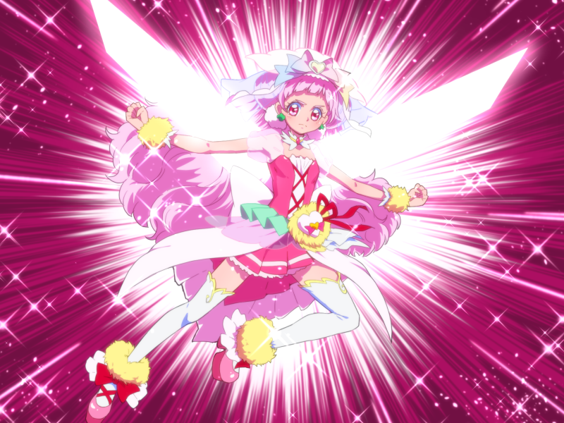 1girl ankle_bow ankle_cuffs back_bow bow clenched_hands closed_mouth clover_earrings cure_yell cure_yell_(cheerful_style) detached_collar dress fighting_stance full_body glaring hair_bow hair_ornament heart heart_hair_ornament hugtto!_precure large_bow long_hair looking_at_viewer magical_girl multicolored_bow nono_hana outstretched_arms pink_background pink_dress pink_eyes pink_footwear pink_hair pink_theme pom_pom_(clothes) pouch precure red_bow serious shoes short_dress solo sparkle spread_arms thighhighs tj-type1 veil white_bow white_legwear wrist_cuffs