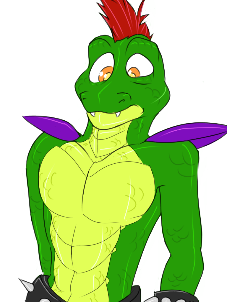 alligator alligatorid anthro armwear athletic belt clothed clothing crocodilian five_nights_at_freddy's five_nights_at_freddy's:_security_breach green_body hair male montgomery_gator_(fnaf) pecs red_hair reptile scales scalie scottgames shoulder_pads solo surprise topless topless_male video_games zakie