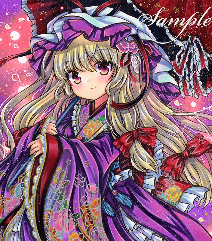 1girl bangs blonde_hair blush bow cherry_blossom_print commentary_request cowboy_shot dot_nose dress eyebrows_visible_through_hair floral_print flower frilled_kimono frilled_sash frilled_umbrella frills hair_between_eyes hair_bow hair_flower hair_ornament hair_ribbon hat hat_ribbon holding holding_umbrella japanese_clothes kanzashi kimono lace-trimmed_kimono lace_trim long_hair long_sleeves looking_at_viewer marker_(medium) mob_cap obi partial_commentary petals print_kimono print_sash purple_background purple_dress purple_eyes purple_flower purple_headwear purple_kimono red_bow red_ribbon red_sash red_umbrella ribbon rose_print rui_(sugar3) sample sash sleeves_past_wrists smile solo standing tassel touhou traditional_media two-tone_headwear umbrella very_long_hair white_headwear wide_sleeves yakumo_yukari