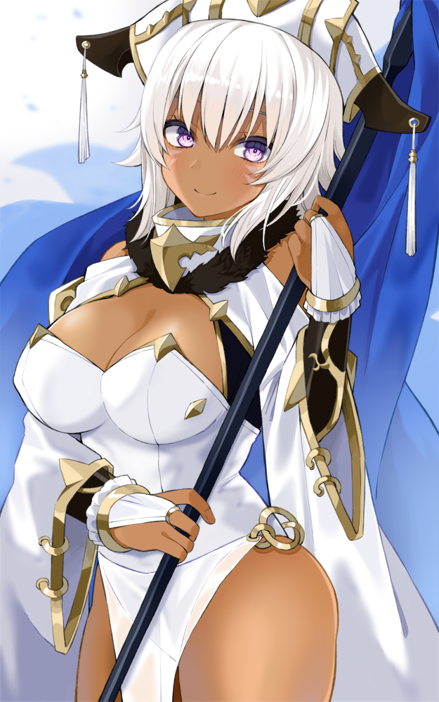 1girl bangs blue_flag blush breasts bridal_gauntlets cleavage closed_mouth commentary_request cowboy_shot dark-skinned_female dark_skin flag gomashi_(goma) hair_between_eyes hand_up holding holding_flag large_breasts leotard looking_at_viewer o-ring original pelvic_curtain purple_eyes shrug_(clothing) smile solo standing white_hair white_headwear white_leotard wide_sleeves