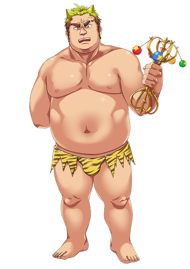 1boy alpha_transparency ammami8 angry animal_print blonde_hair brown_hair gradient_hair loincloth long_sideburns male_focus motosumi_(housamo) multicolored_hair muscular muscular_male official_art open_mouth scar short_hair sideburns thick_eyebrows tiger_print tokyo_afterschool_summoners transparent_background vajra_(object)