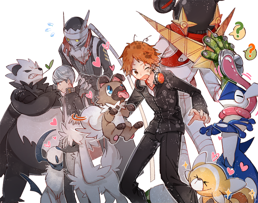 4boys ? absol alternate_color bewear brown_hair crossover dog frog furfrou greninja grey_hair hanamura_yousuke heart huan_li izanagi_(persona_4) jiraiya_(persona_4) messy_hair multiple_boys narukami_yuu pangoro persona persona_4 pokemon rockruff school_uniform shiny_pokemon sweat yasogami_school_uniform