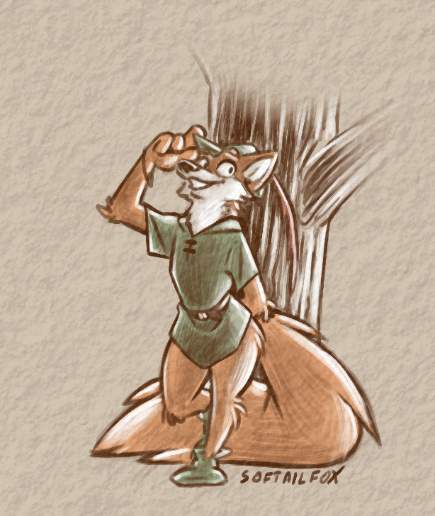 belt bottomless bracelet canid canine clothed clothing disney feathered_cap fluffy footwear fox fur green_clothing green_shirt green_topwear greeting grin jewelry leaning leaning_back leaning_on_object long_tail male mammal orange_body orange_fur plant red_fox robin_hood robin_hood_(disney) shirt sketch smile softailfox tipping_hat toony topwear tree tunic