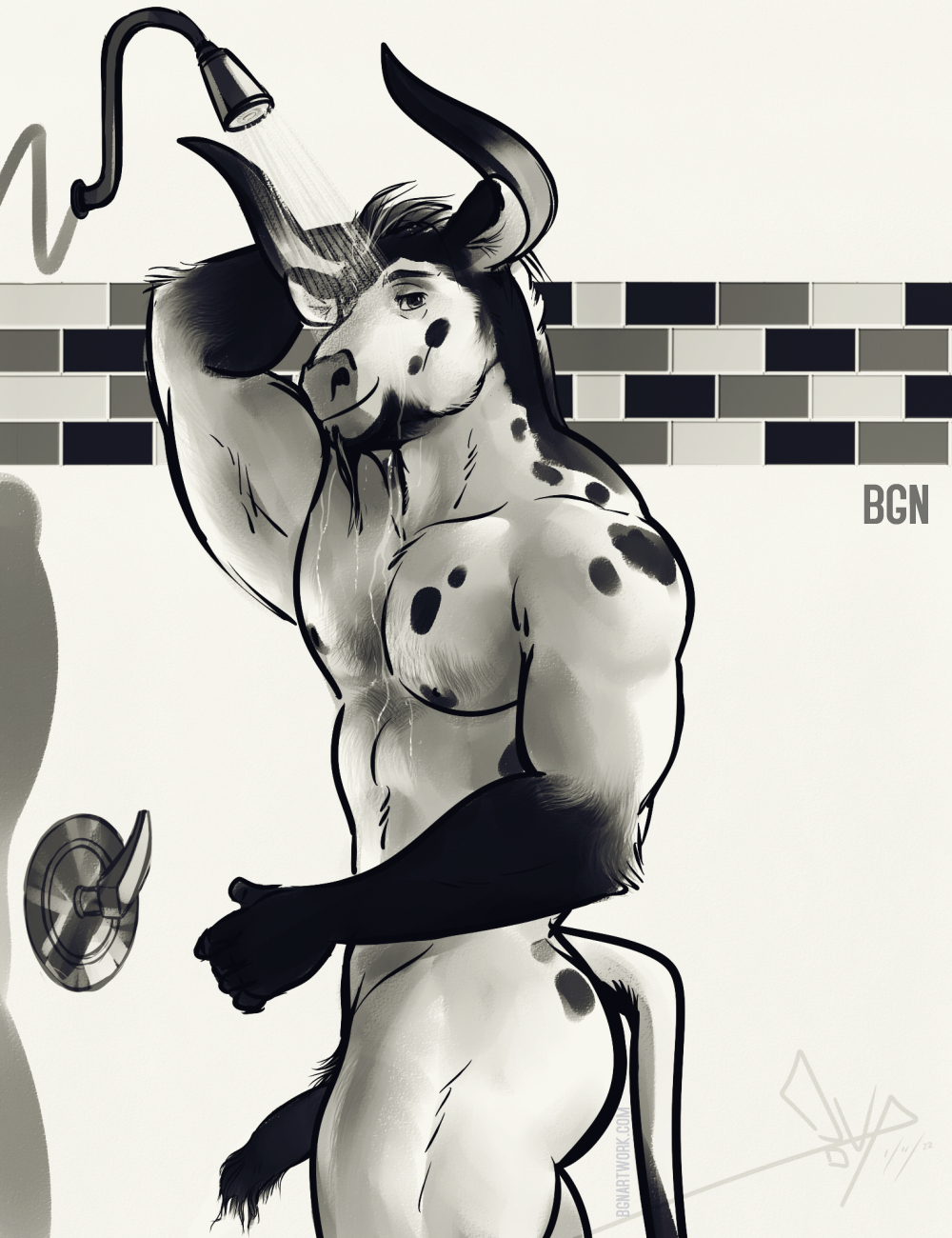 2022 anthro bgn bovid bovine butt cattle genitals hairy_penis half-erect hi_res horn male mammal monochrome muscular muscular_anthro muscular_male pecs penis shower smile solo spots vonce_(bgn)