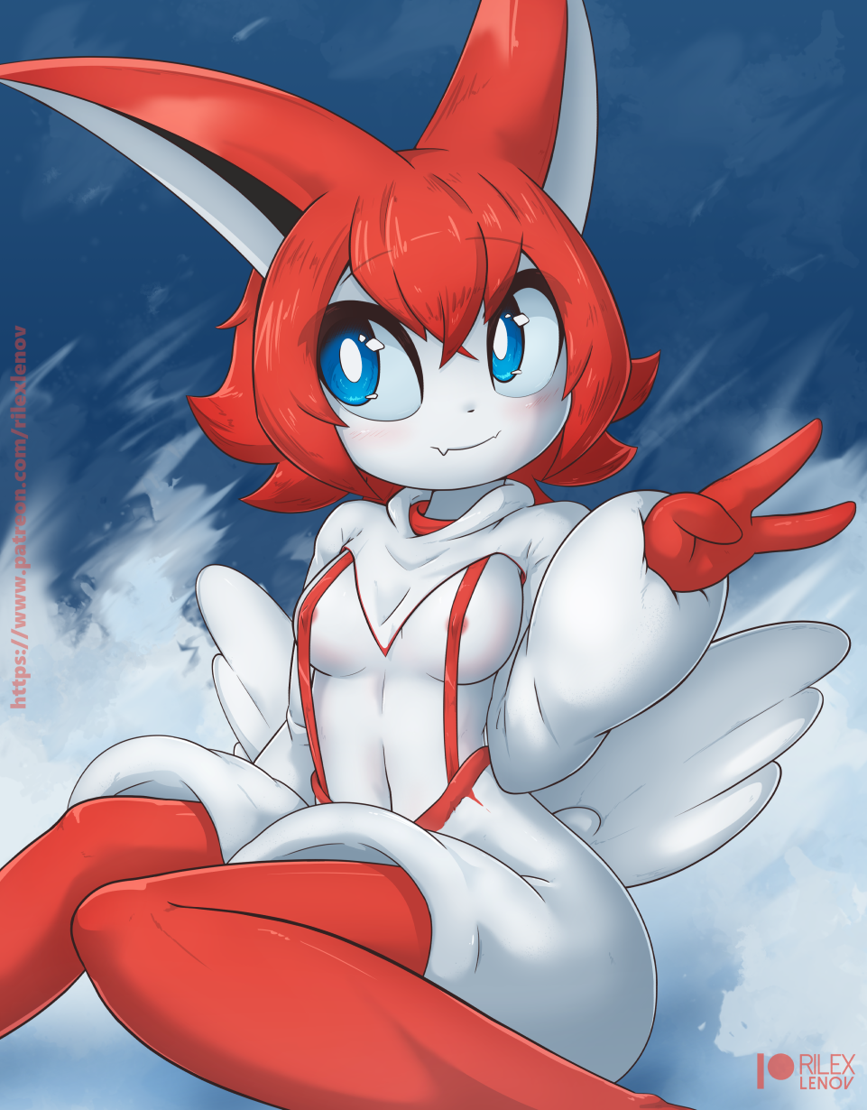 anthro blue_eyes blush breasts clothed clothing female gesture hair hi_res legendary_pok&eacute;mon nintendo nipples pok&eacute;mon pok&eacute;mon_(species) red_hair rilex_lenov solo v_sign victini video_games