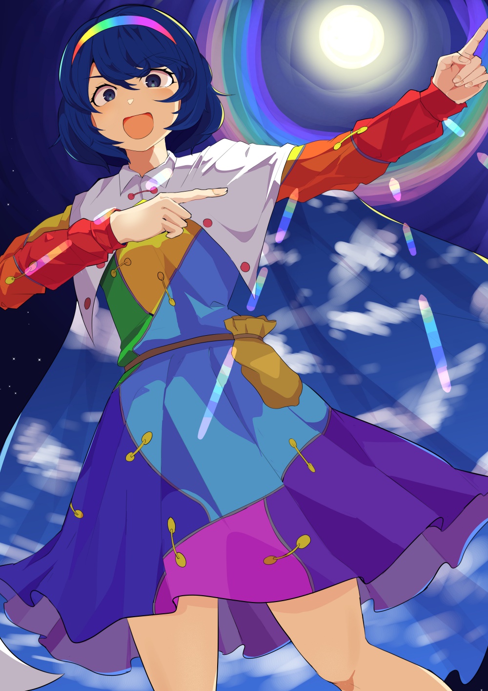 1girl belt blue_eyes blue_hair blush brown_belt cape cloak cloud_print cowboy_shot dress dutch_angle eyelashes fingernails full_moon highres long_sleeves moon multicolored_clothes multicolored_dress multicolored_hairband night night_sky open_mouth patchwork_clothes pointing rainbow rainbow_gradient short_hair sky sky_print star_(sky) tenkyuu_chimata test_(user_fjka7334) thighs touhou two-sided_cape two-sided_fabric v-shaped_eyebrows white_cape white_cloak yellow_bag zipper