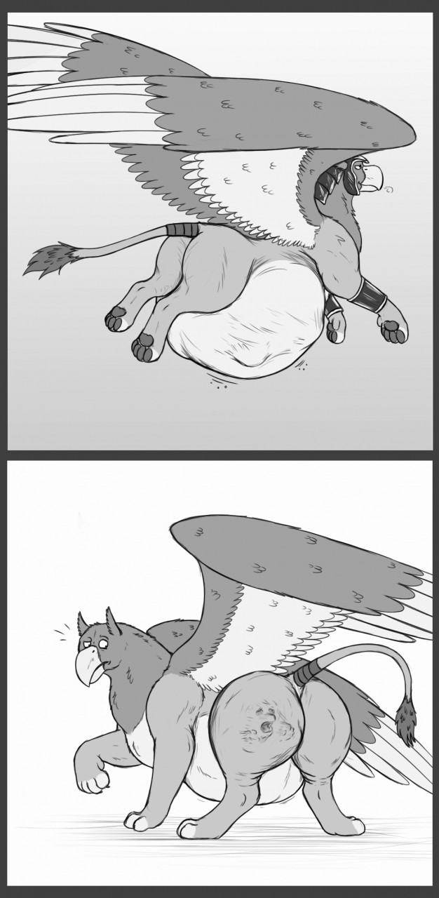 abdominal_bulge after_vore armor beak belly big_belly black_and_white butt comic duo feral feral_pred flying headgear helmet hi_res hindpaw jagg_(thatgryphonguy) looking_back male monochrome paws raised_tail sentient_fat surprised_expression thatgryphonguy unwilling_prey vore wings