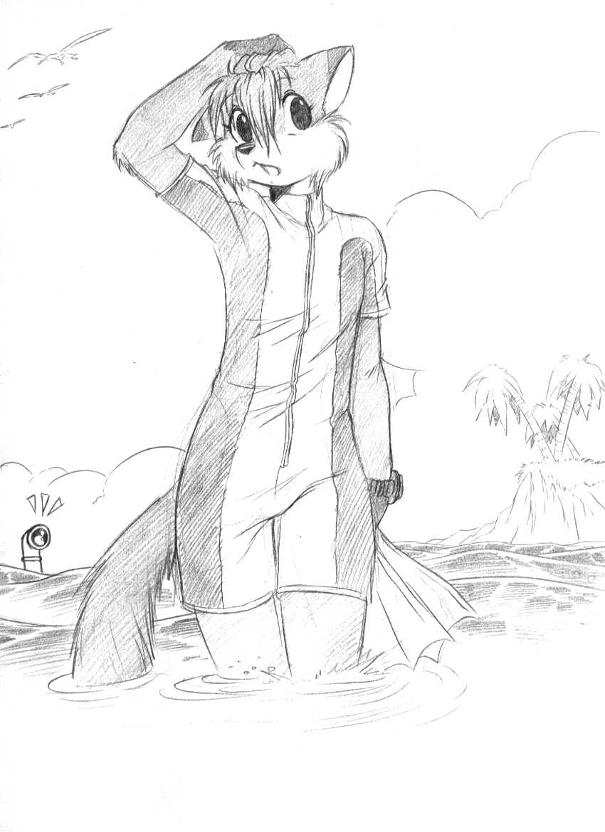 anthro black_and_white canid canine chochi clothing fox fur hair male mammal mike_blade monochrome open_mouth periscope solo swimwear traditional_media_(artwork) water wet
