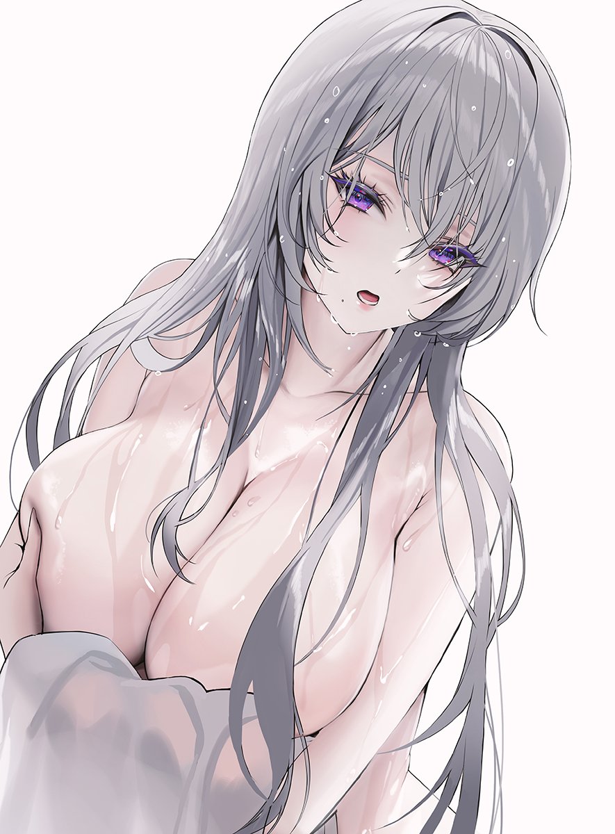 :o bangs bare_shoulders breast_grab breast_hold breast_press breast_squeeze breasts cleavage covered_nipples dripping grabbing highres large_breasts lips looking_at_viewer makeup mascara mole mole_under_mouth nude open_mouth original purple_eyes silver_hair skindentation topless wet yoyayogurt